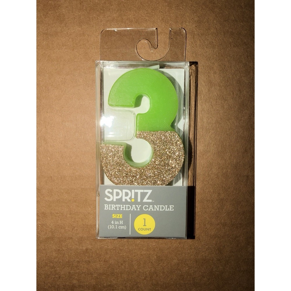 Spritz Number 3 Glitter Birthday Candle Green Gold Glitter 4" Tall 1 Count New‎